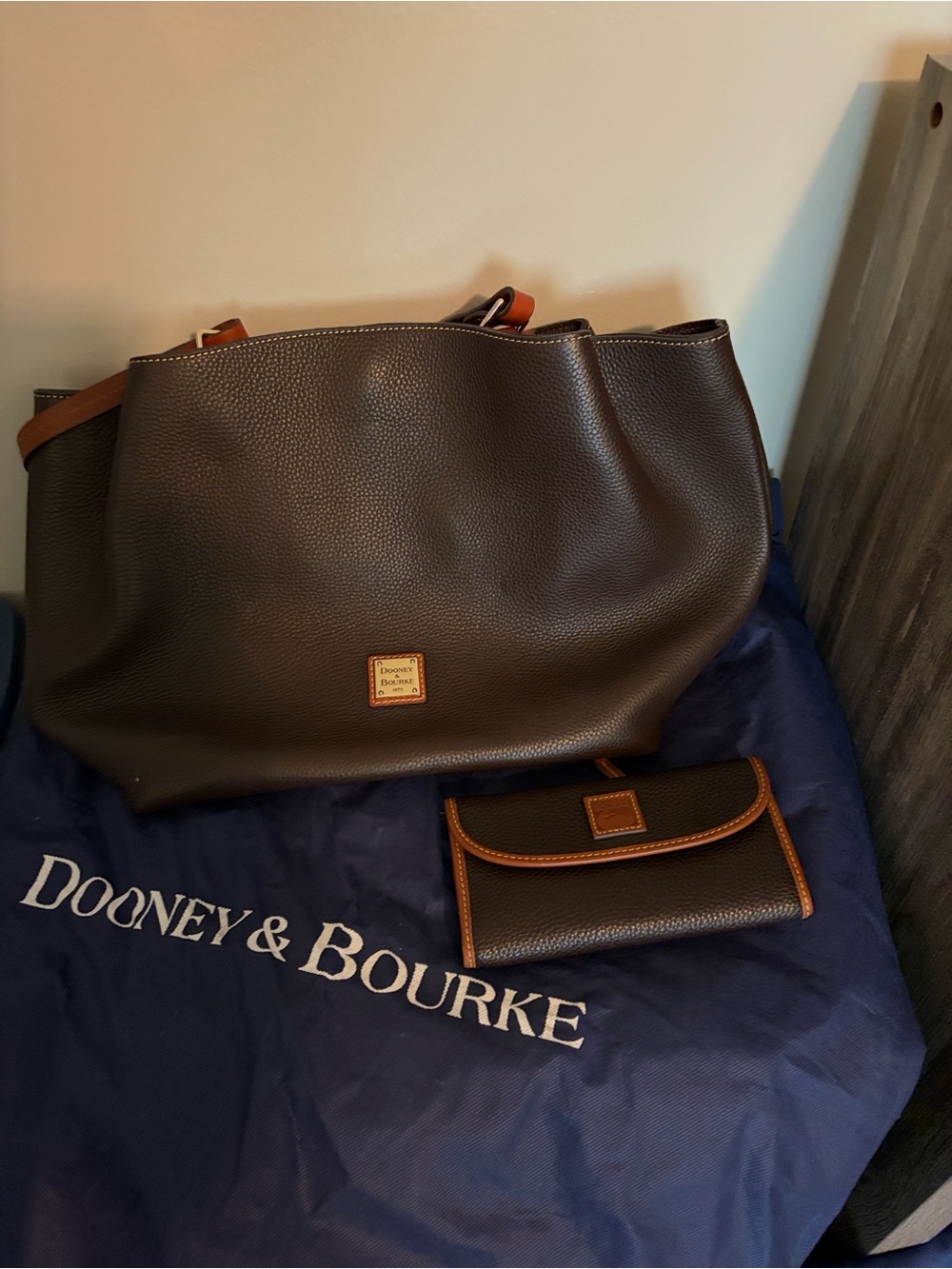 Dooney & Bourke Dark Brown Pebble Leather Tote with Tan Trim and Matching Wallet